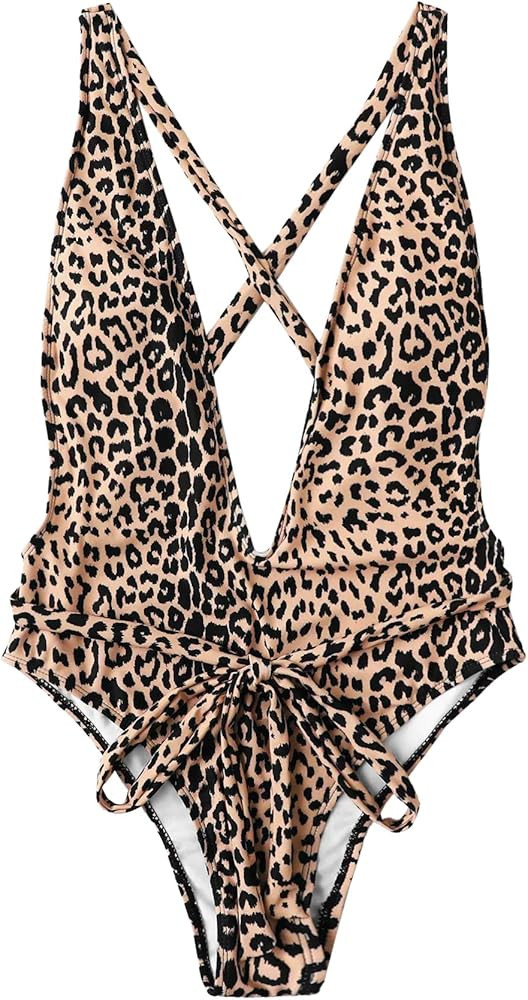 Women's Sexy Bathing Suits Criss Cross Tie Knot Front Deep V Open Back Leopard One Piece Swimwear | Amazon (US)