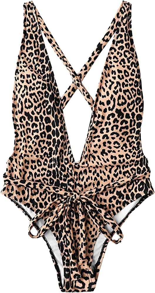 SweatyRocks Women's Sexy Bathing Suits Criss Cross Tie Knot Front Deep V Open Back Leopard One Pi... | Amazon (CA)