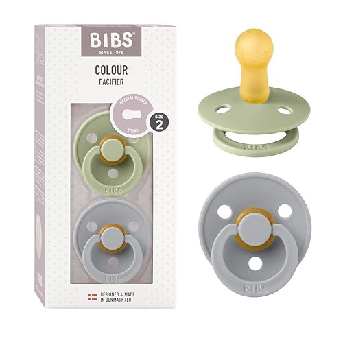 BIBS Pacifiers Colour Collection | Natural Rubber Baby Pacifier | Round Nipple | Set of 2 BPA-Free Soothers | Made in Denmark | 6+ Months (Pack of 2) | Sage/Cloud | Amazon (US)