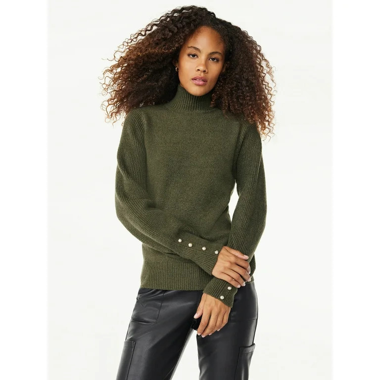 Scoop Women's Long Sleeve Turtleneck Sweater with Button Cuffs, Sizes XS-XXL | Walmart (US)