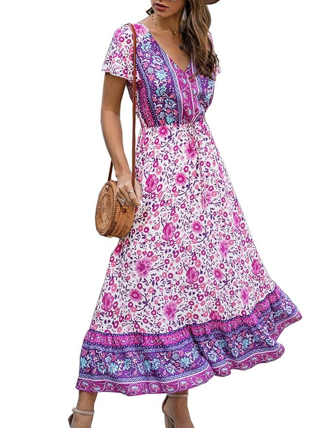 Saslax Women's Maxi Dresses Casual Floral Short Sleeve V Neck High Waist Button Up Boho Beach Par... | Amazon (US)