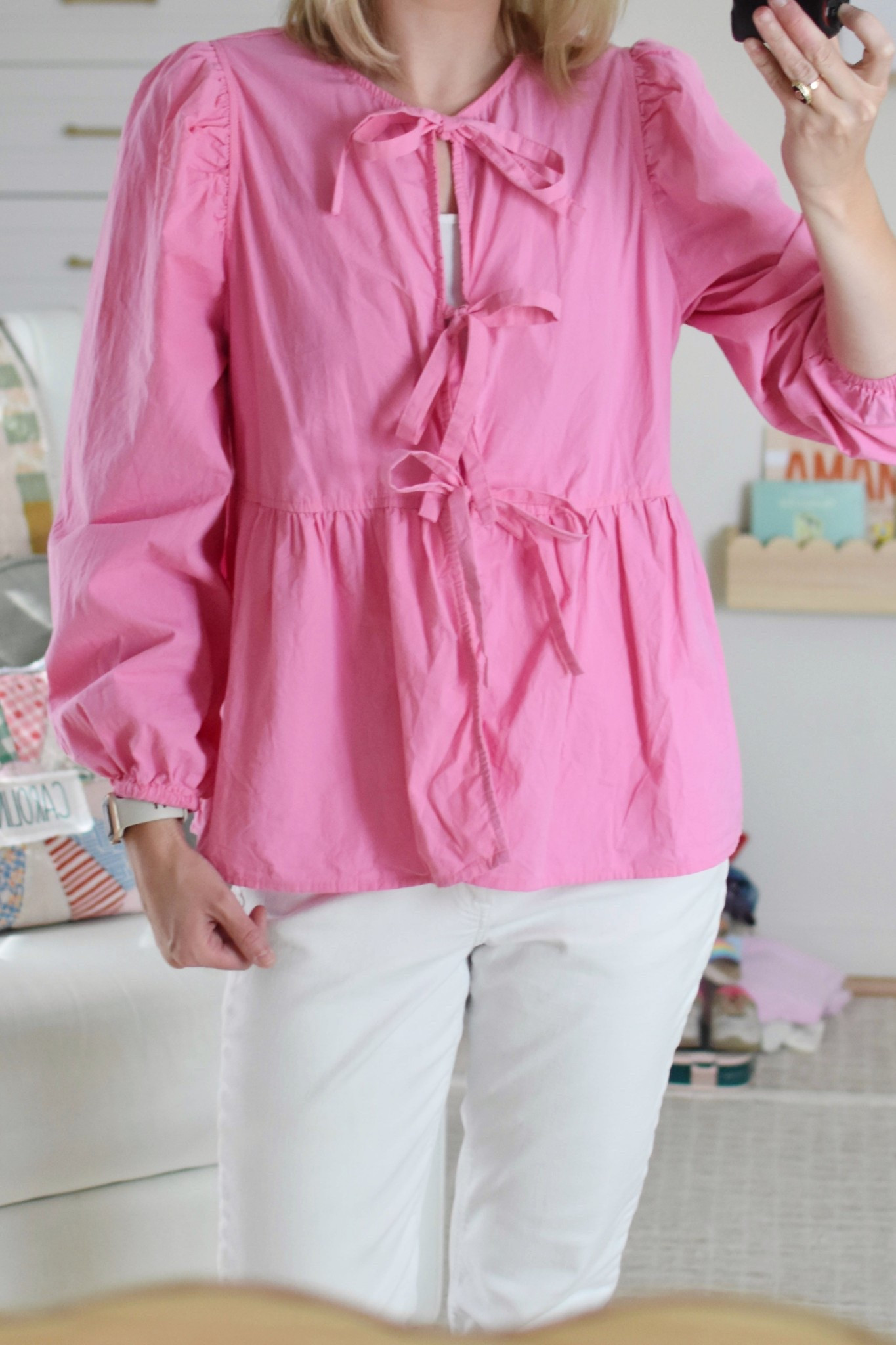 I bought this sweet bow too from Amazon for Valentine’s Day. I wasn’t planning to wear it again, but it’s actually so cute! I find myself reaching for it a lot this spring. The color I’m wearing is “hot pink.”

#LTKMidsize #LTKWorkwear #LTKSeasonal