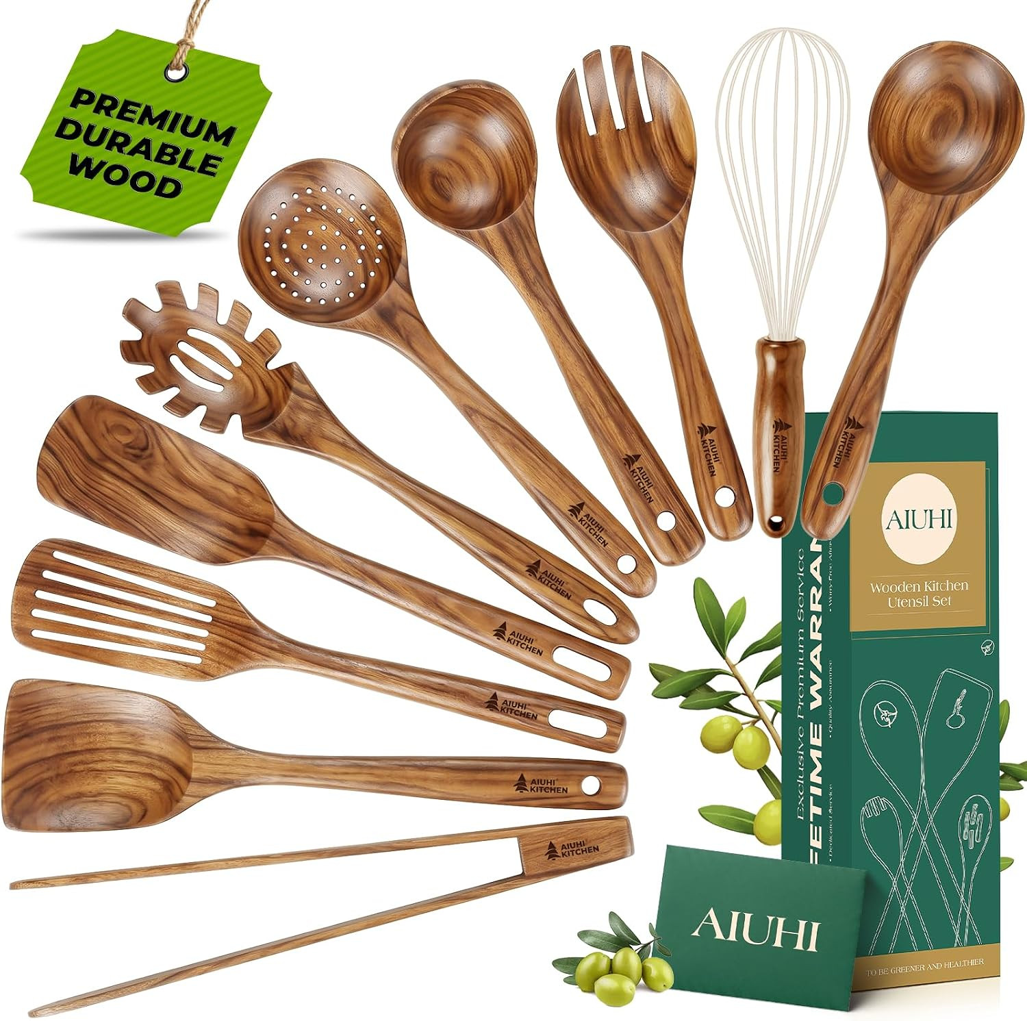 10Pcs Wooden Kitchen Utensils, Teak Wood Utensil Set for Kitchen, Heat-resistant Wooden Spoons for Cooking, Nonstick Wood Spatula Soup Ladle Tong Egg Whisk | Amazon (US)