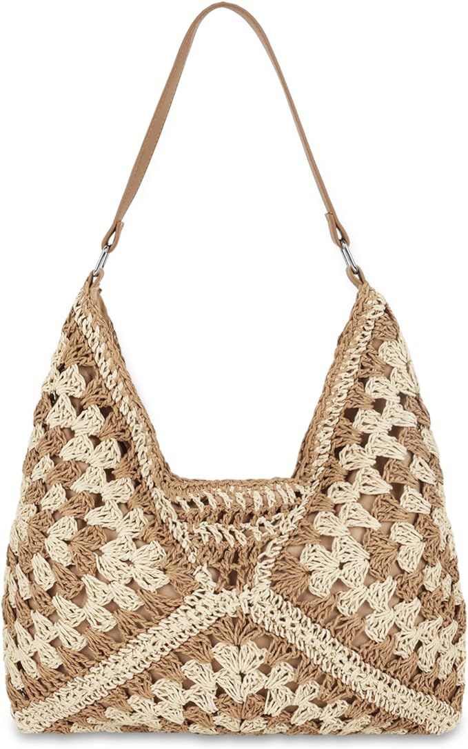 Straw Hobo Beach Bag for Women Girls, Woven Tote Bag Summer Crochet Shoulder Bag,Vintage Foldable... | Amazon (US)