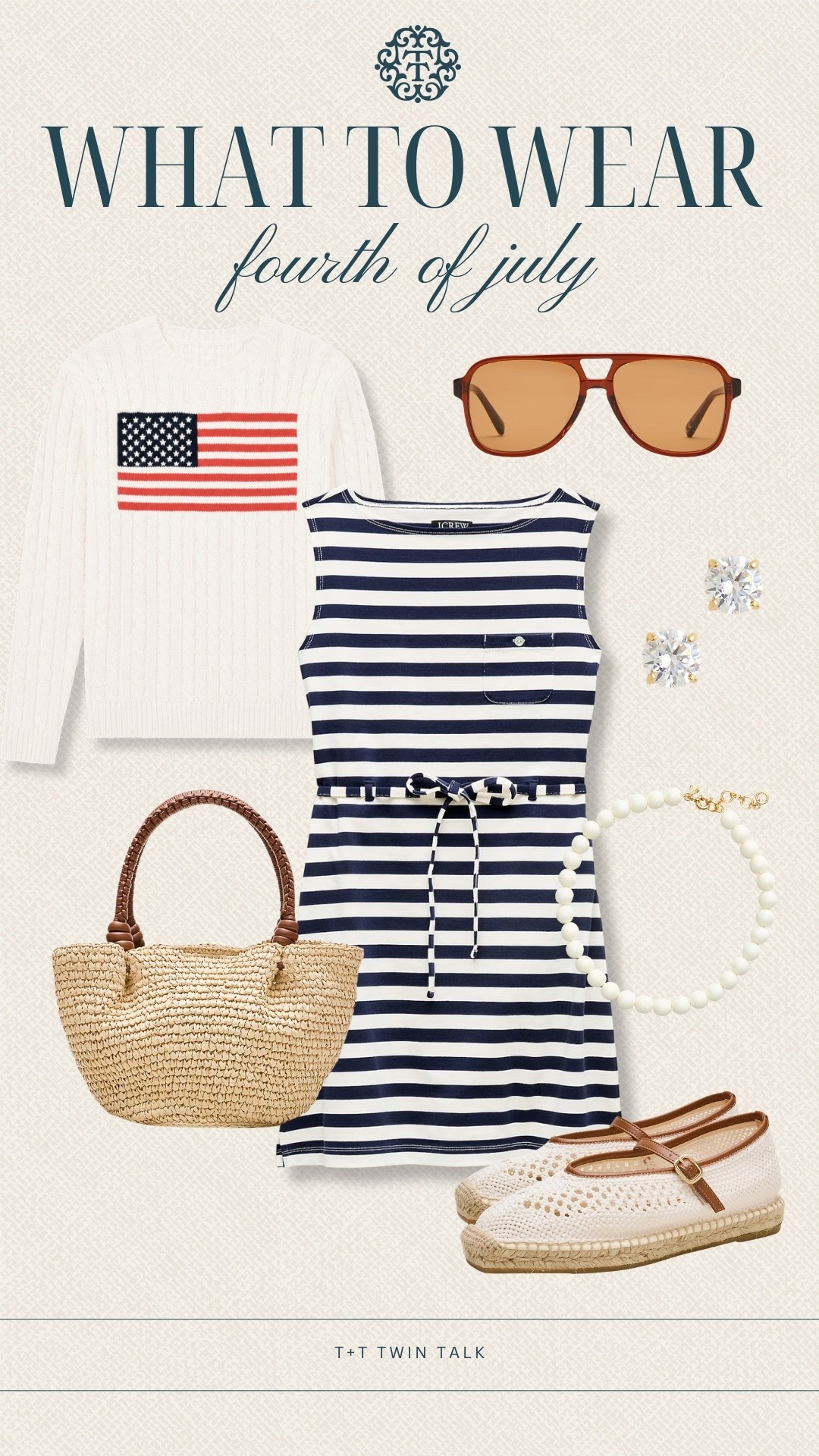 T+T, what to wear! This striped J.Crew dress paired with the flag sweater creates such a classic Fourth of July look. Add the woven tote, white beaded necklace, espadrilles, and sunglasses for a festive outfit that works for cookouts, fireworks, or a holiday weekend trip.

#LTKootd #LTKgrwm #LTKdayinmylife
