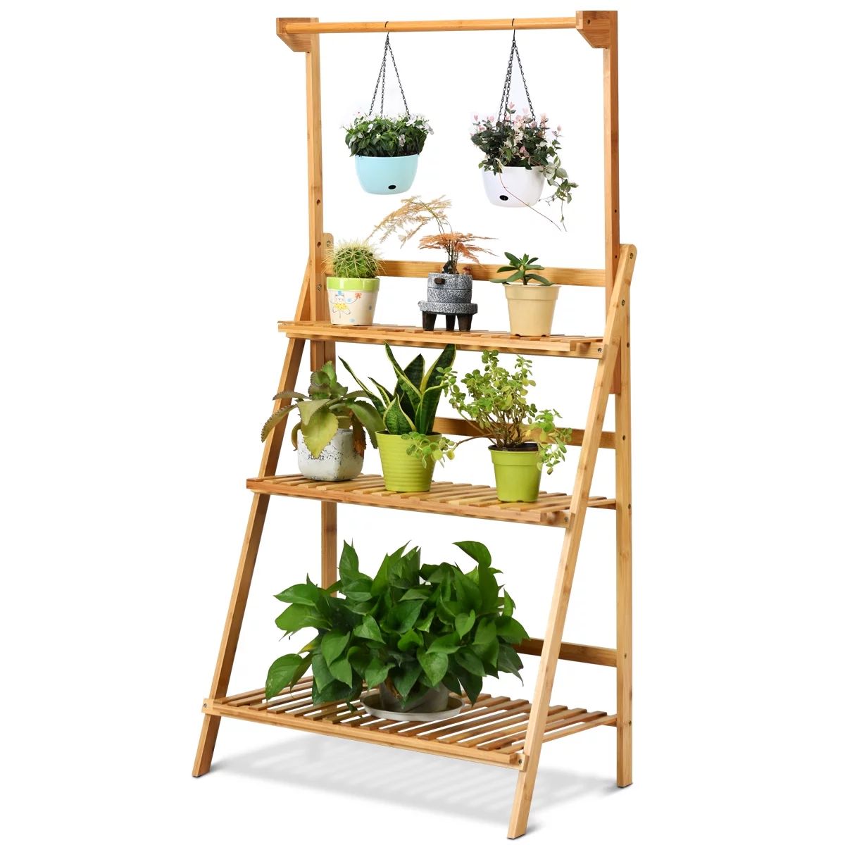 Topbuy 3 Tier Bamboo Hanging Folding Plant Shelf Stand Flower Pot Display Rack Bookcase - Walmart... | Walmart (US)