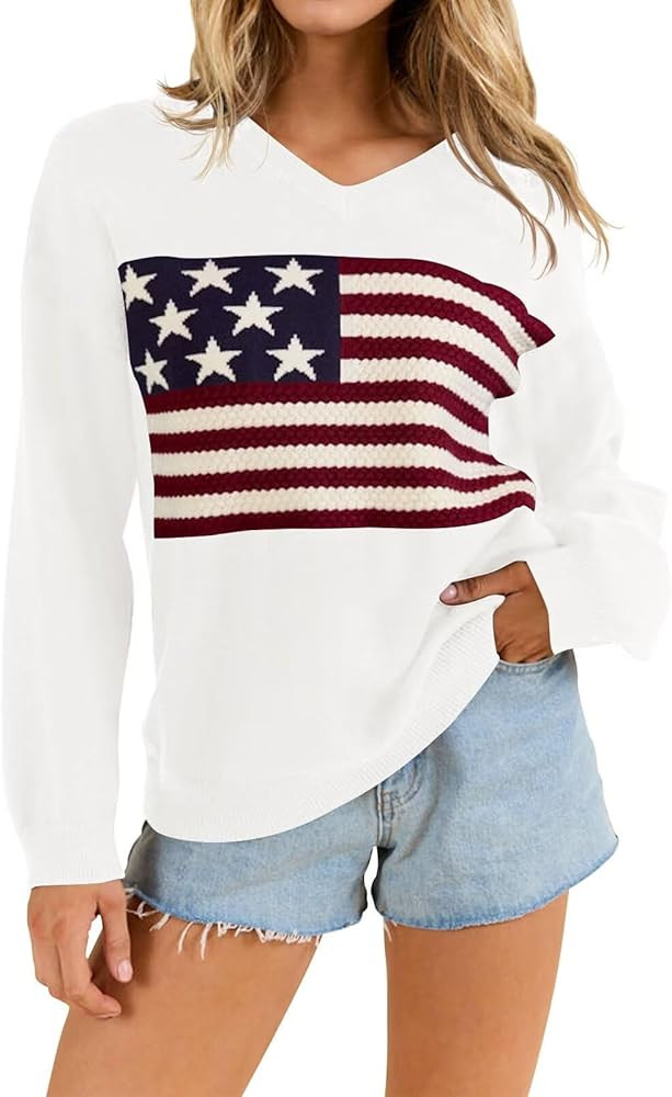 BONITEE Women American Flag Sweater Long Sleeve Crewneck Graphic USA Sweatshirt Loose Fit Knit Pullover | Amazon (US)
