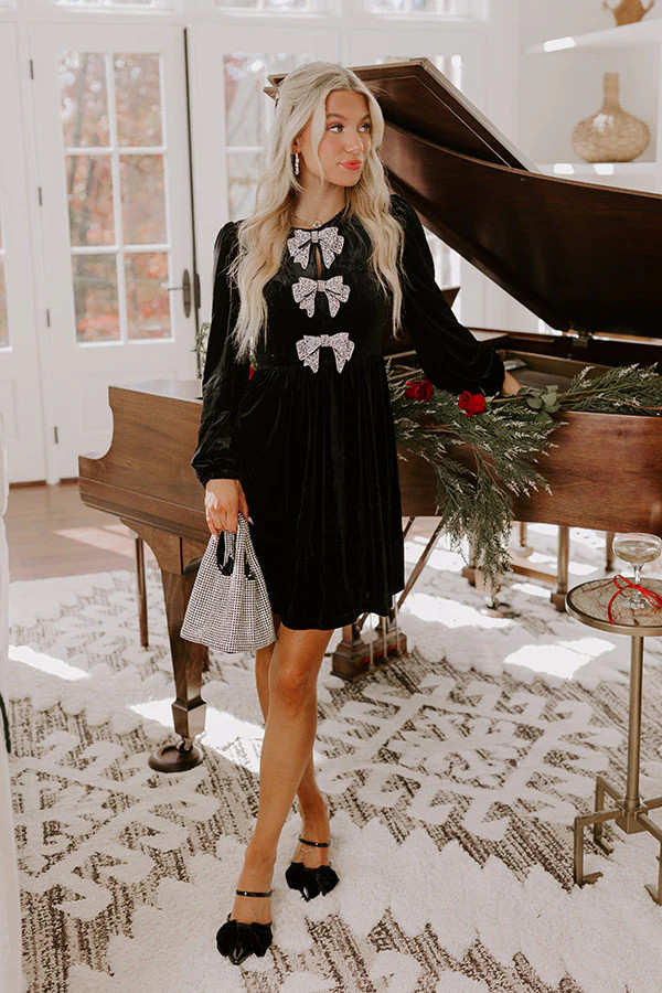 Bows And Kisses Velvet Mini Dress in Black | Impressions Online Boutique