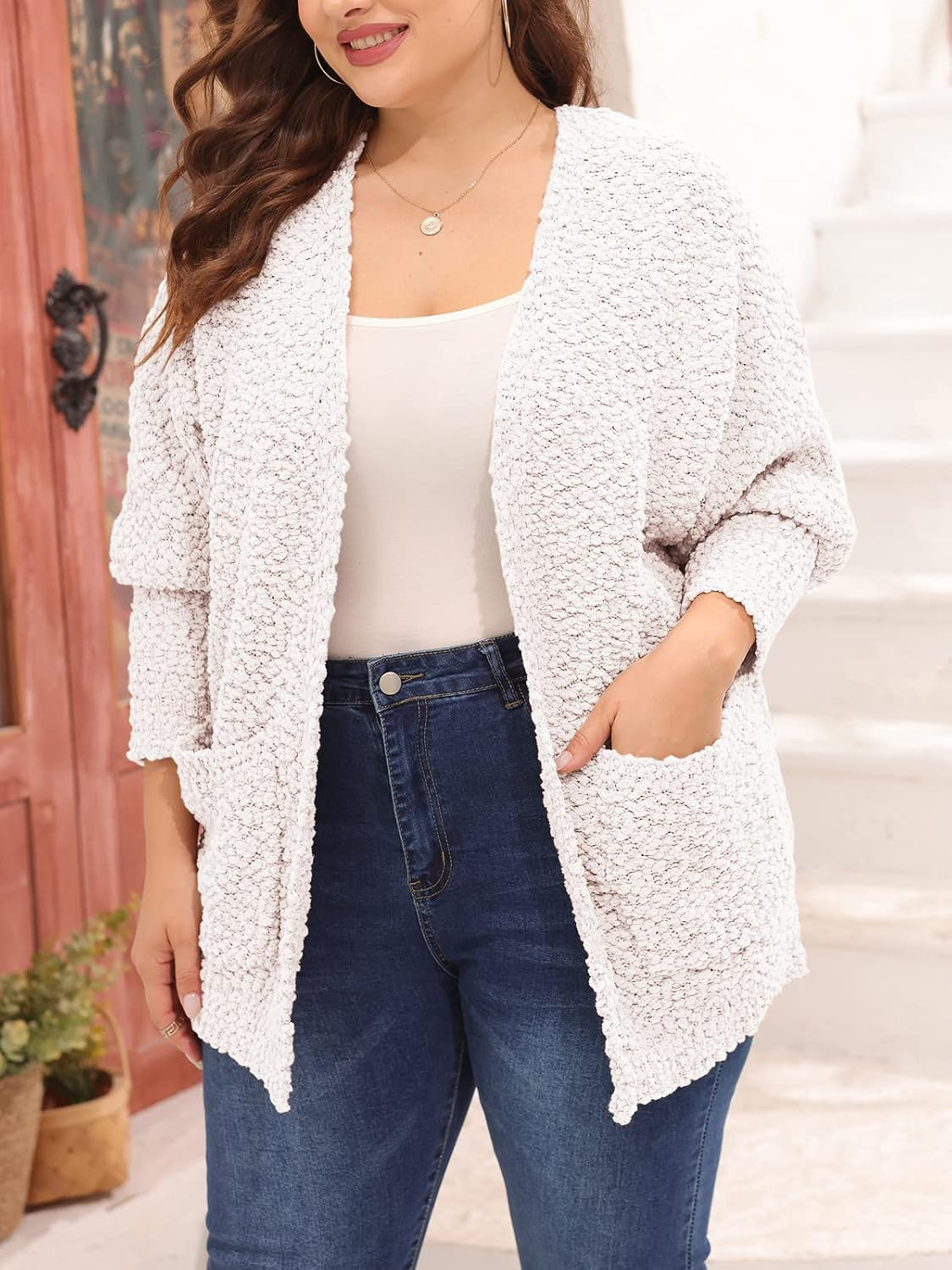 Yskkt Womens Plus Size Fuzzy Popcorn Cardigan Sweaters Open Front Batwing Sleeve Loose Knit Cloak... | Amazon (US)