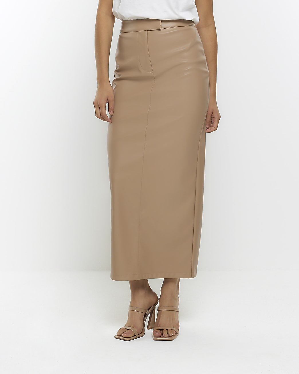 Brown faux leather midi skirt | River Island (UK & IE)