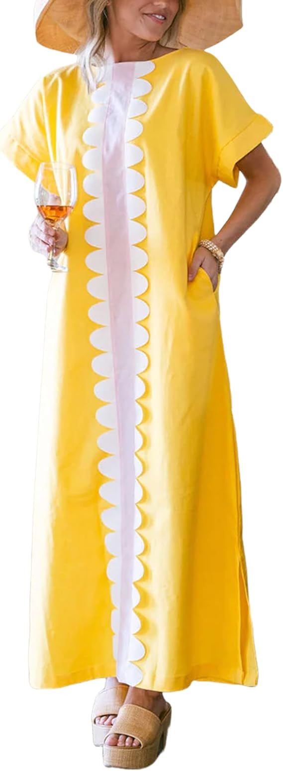 Yidarer Women's T-Shirt Maxi Dress Crew Neck Oversized Color Block Side Split Long Sundress with ... | Amazon (US)