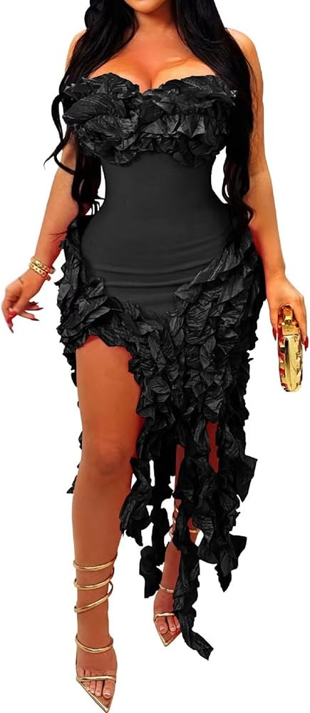 IyMoo Women's Sexy Strapless Ruffle Bodycon Party Club Cocktail Dress | Amazon (US)