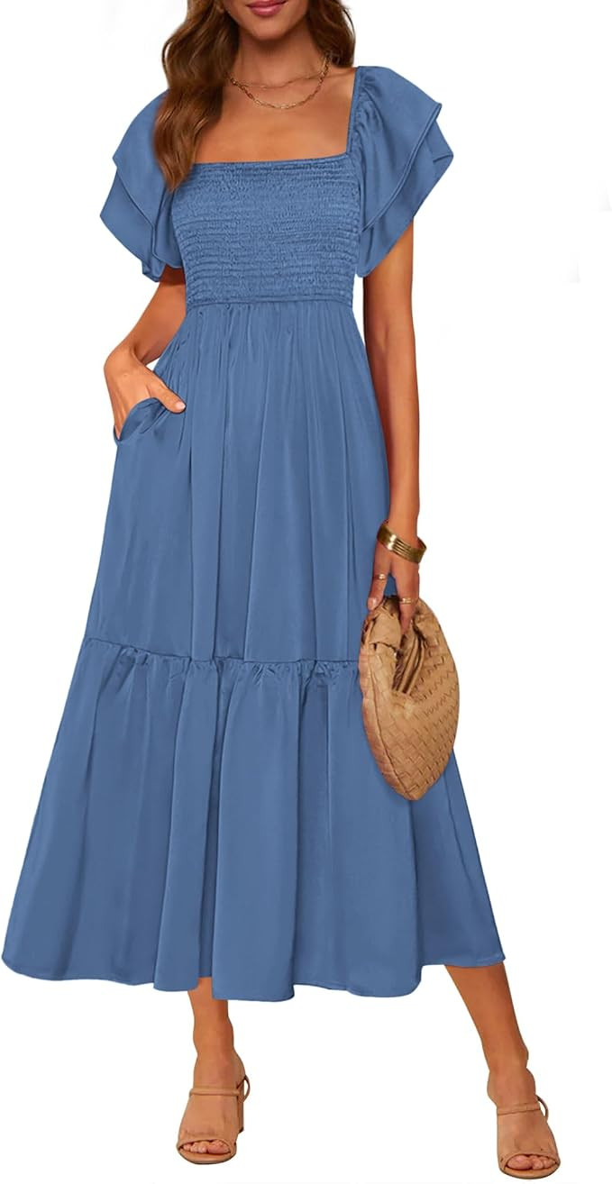 MASCOMODA Womens Summer Casual Midi Dress Square Neck Ruffle Short Sleeve Smocked High Waist A Li... | Amazon (US)