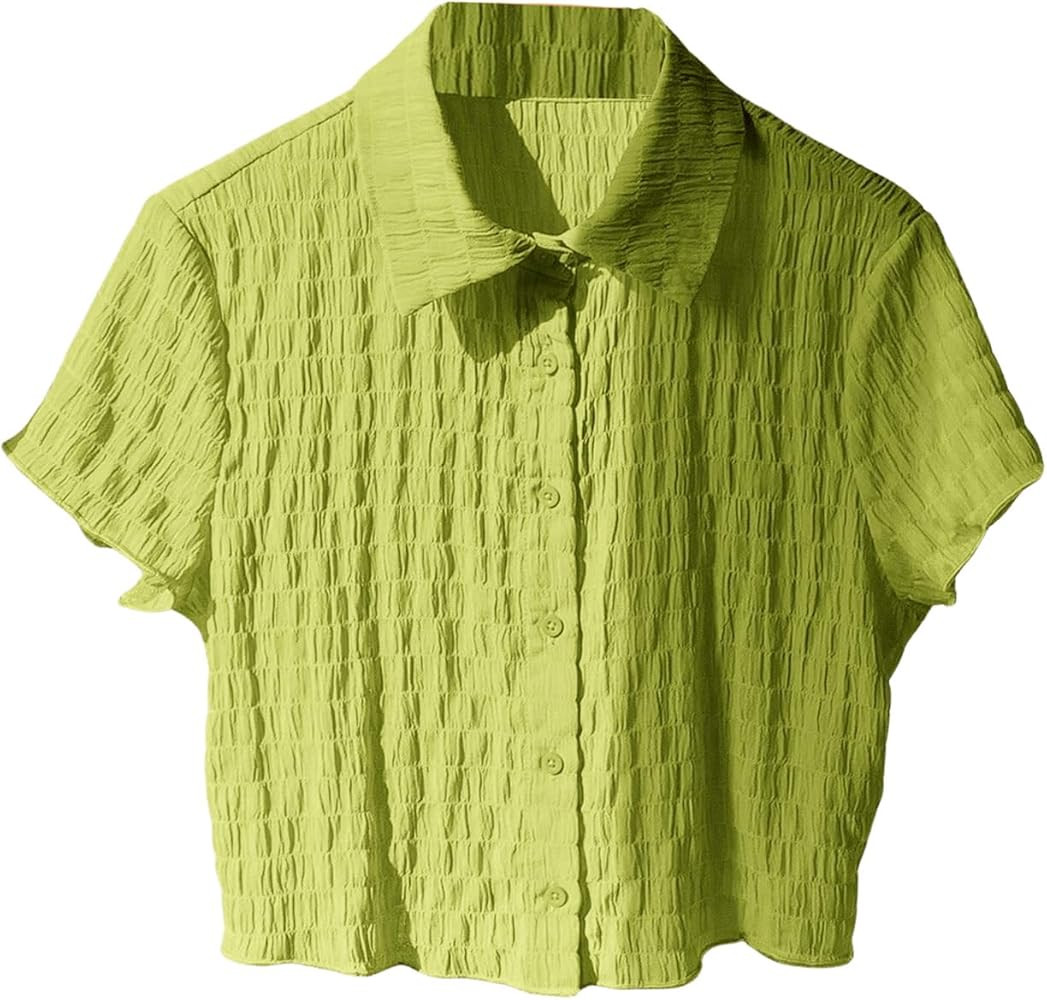 Verdusa Women's Button Down Short Sleeve Crop Shirt Casual Textured Blouse Top | Amazon (US)