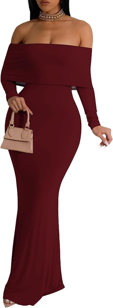 Women's Off Shoulder Elegant Maxi Dresses Long Sleeve Bodycon Evening Party Cocktail Dress | Amazon (US)