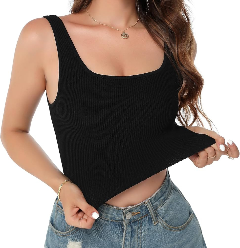 Women's Tank Tops Thick Sculpt Ribbed Knit Square Neck Stretchy Sleeveless Cropped Tank Top Camis... | Amazon (US)