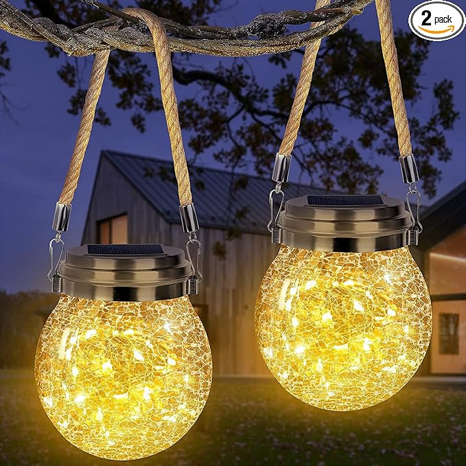 Solar Lantern Crackle Glass Ball, 2 Pack Garden Hanging Solar Lights Outdoor Waterproof Lanterns ... | Amazon (US)