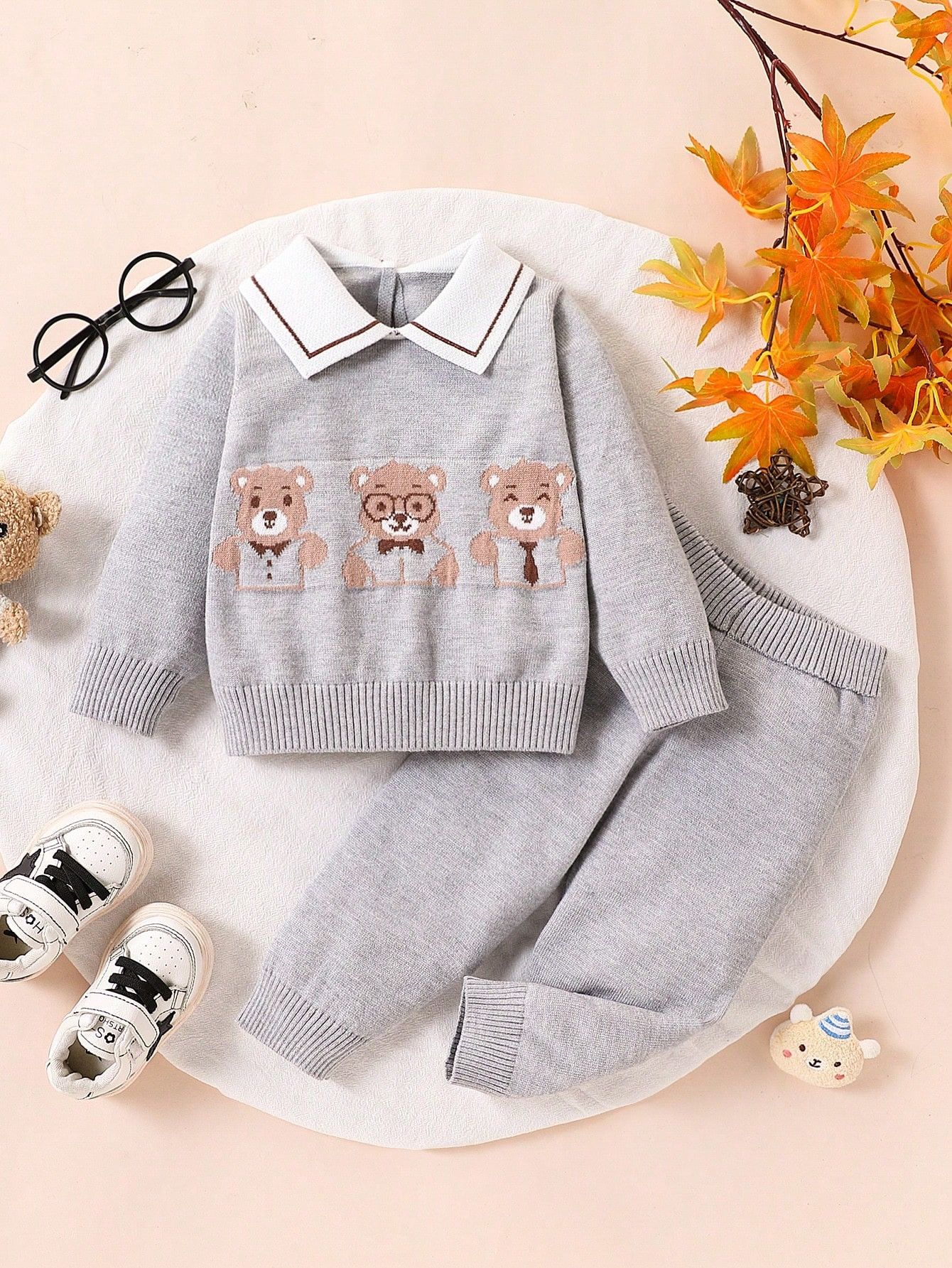Baby Boy Versatile Knitted Cartoon Top And Pants Sweater Set, Grey Tone Collegiate Bear Cartoon P... | SHEIN