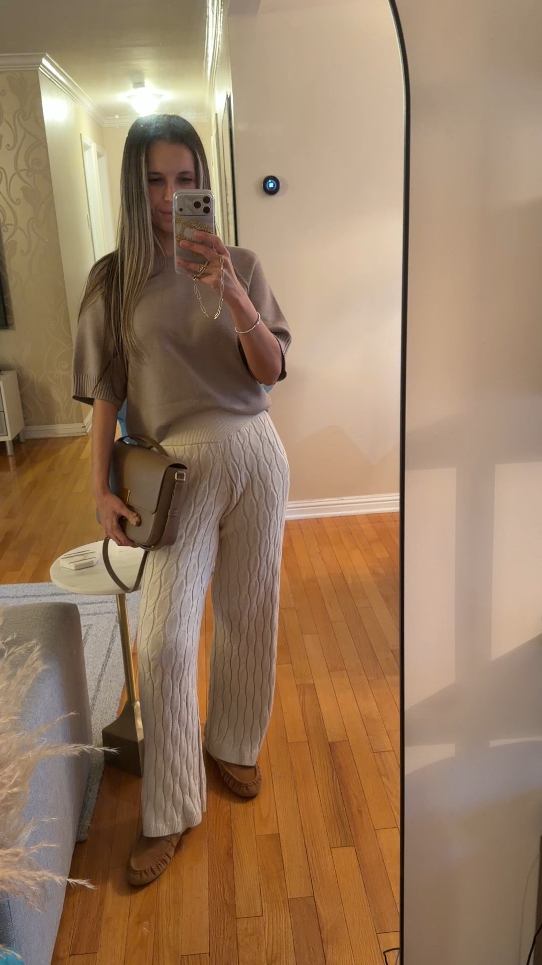 Cable knit pants sz XS
I’m 5’5” 122 lbs 
Taupe sweater sz S
Camel mules shearling lining true to size 


#LTKHoliday #LTKSeasonal #LTKMidsize