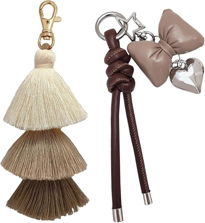 2PCS Women's Tassel Keychain, Leather Bow Keychain - Gradient Tassel Keys Handbag Accessories | Amazon (US)
