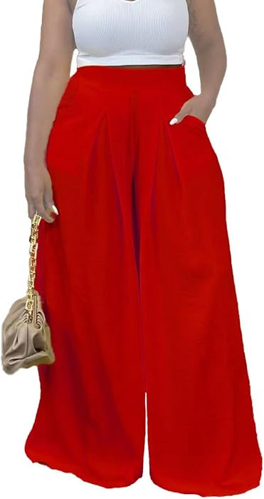 Flowy Pants for Women Casual High Waisted Wide Leg Palazzo Pants Trousers with Pocket Plus Size | Amazon (US)