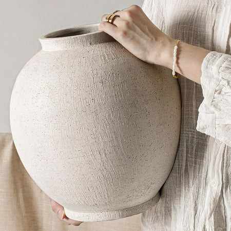 White Ceramic Vase - Large 12.5 Inch Round Floor Vase for Centerpieces Farmhouse Rustic Minimalist Home Decor Sandstone White | Walmart (US)