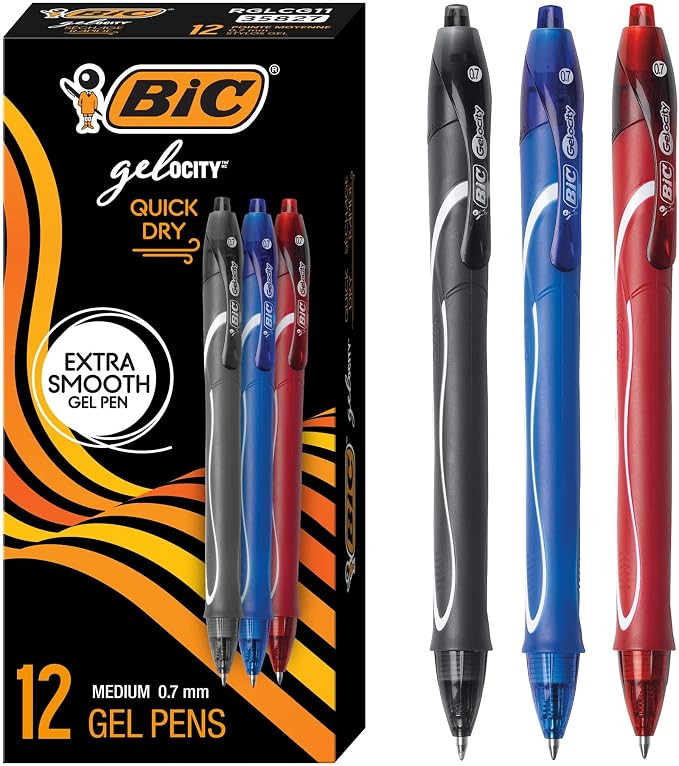 BIC Gelocity Quick Dry Gel Pens, Medium Point, 0.7mm, 12-Count Pack | Retractable Design | Comfor... | Amazon (US)