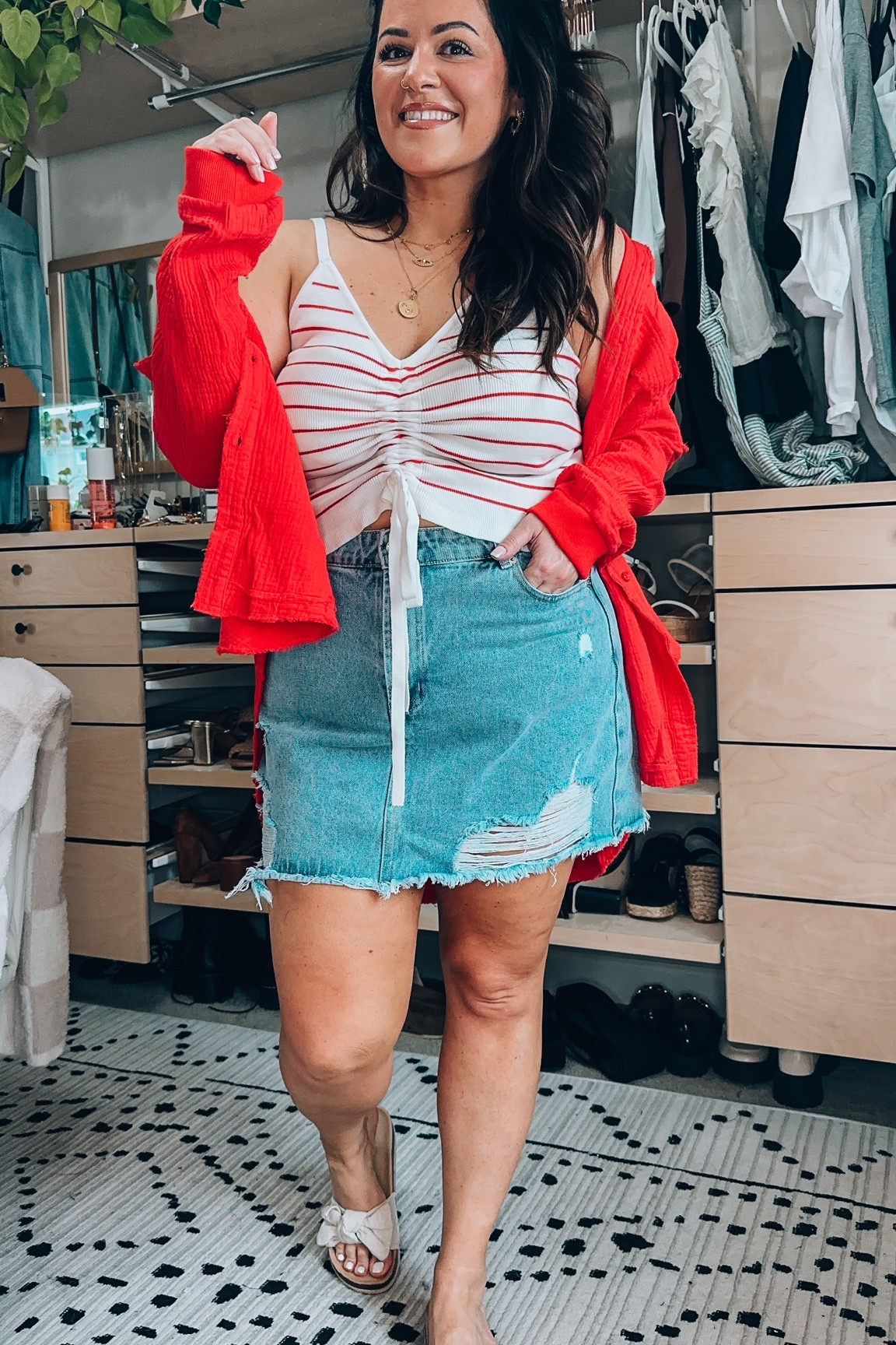 Midsize summer outfit size 14 
Knit top xl
Denim skirt sized up (no stretch) 2xl 
Linen blouse 2xl 
Bow sandals tts 
Code: 20TARYN 

#LTKsalealert #LTKcurves #LTKstyletip