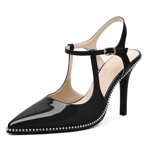 SAMMITOP Black High Heels for Women Closed Pointed Toe Ankle Strap Heels High Heel Stilettos Beaded Pumps Shoes Dressy Patent Leather 3.5 Inch Size 7.5 | Amazon (US)