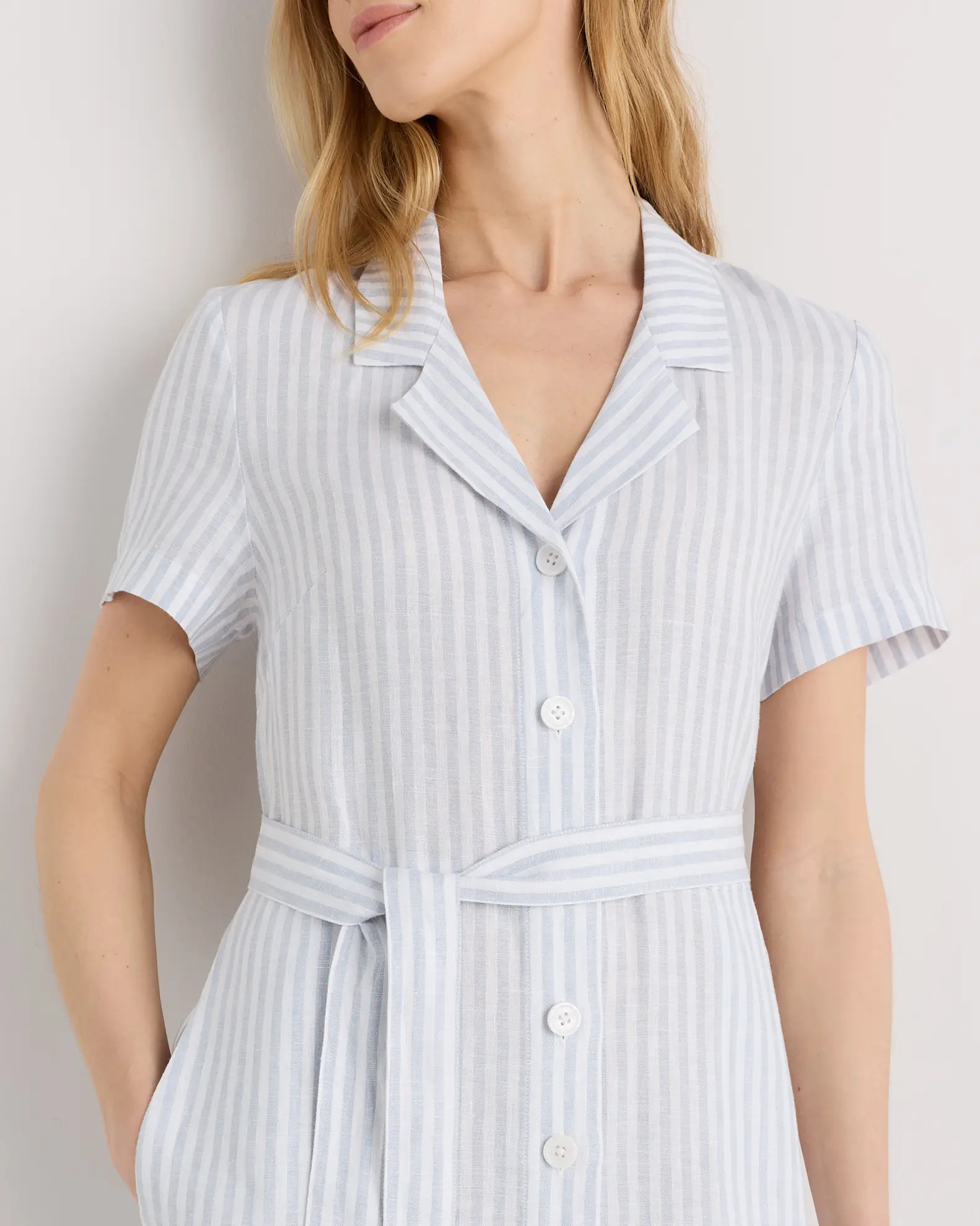 100% European Linen Button Front Dress in Sky Blue Mariner Stripe | Quince
