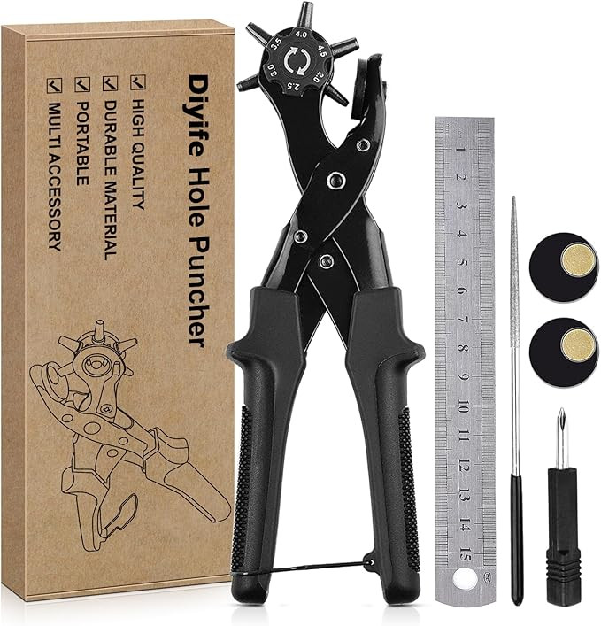 Leather Hole Punch, [Upgraded Version][Perfect Full Set] Diyife Belt Puncher, Heavy Duty Revolvin... | Amazon (UK)
