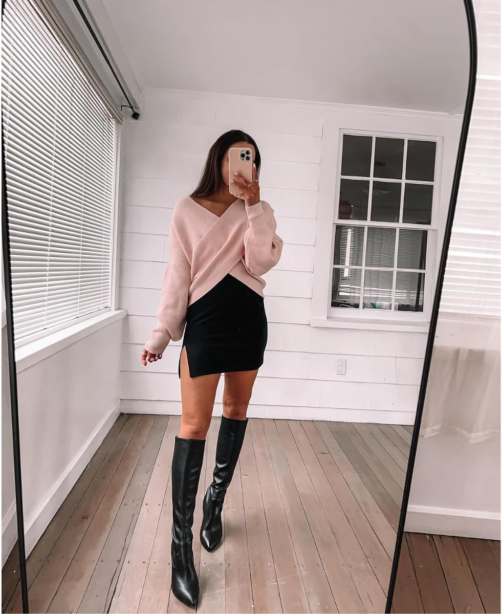 Valentines day outfit💕 Skirt, wrap sweater oversized, boots true to size. Black mini skirt/off the shoulder top/black knee high boots. 
 

 #LTKPetite