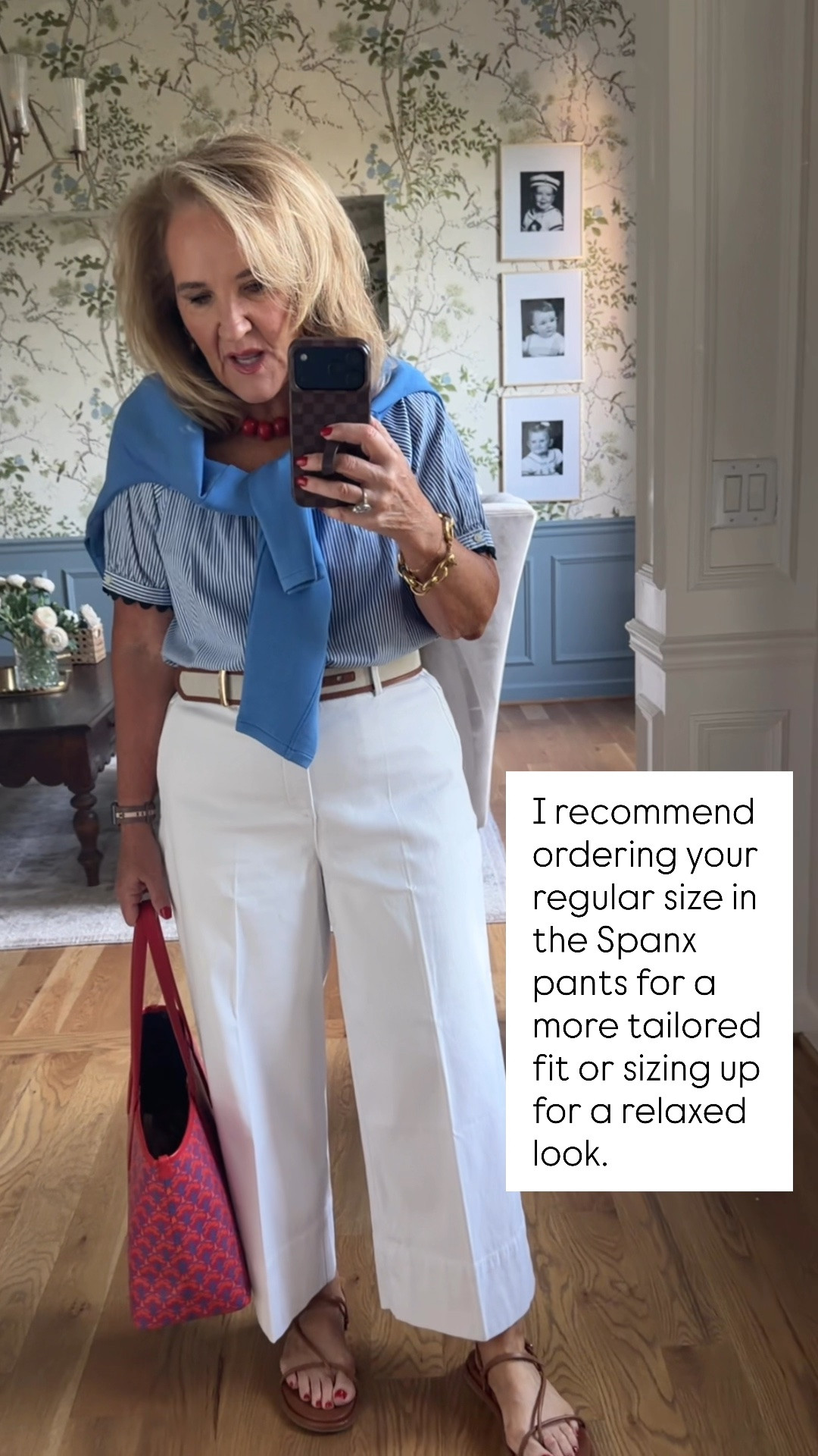 This classic travel outfit is equal parts polished and comfortable! The striped blouse, crisp white Spanx twill pants, and lightweight sweater draped over the shoulders create a timeless look that's perfect for the airport, sightseeing, lunch dates, or everyday wear. I recommend ordering your regular size in the Spanx pants for a more tailored fit or sizing up for a relaxed look.

💡 LTK MADE EASY
❤️ Heart = Support my posts!
🔖 Save = Get sale & restock alerts
📋 Lists = Keep favorites organized
📲 Share = Send lists and products to a friend. Hello, Christmas List!
💬 Comment = Ask me anything about what I'm wearing. :-)

#LTKootd #LTKSeasonal #LTKOver40