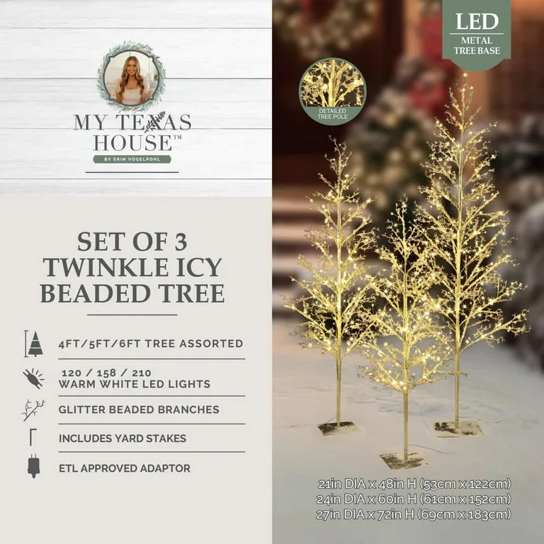 My Texas House 3 Pack Warm White Twinkling LED Icy Cube Beaded Tree, 4ft/5ft/6ft assorted | Walmart (US)