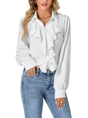 LYANER Women's Dressy Ruffle Blouse Long Sleeve Collar Neck Button Down Victorian Shirt Tops White Medium | Amazon (US)