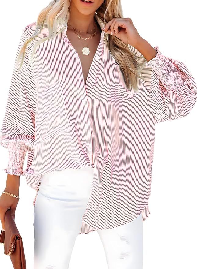 Dokotoo Womens V Neck Striped Button Down Shirts Long Sleeve Tunic Tops | Amazon (US)