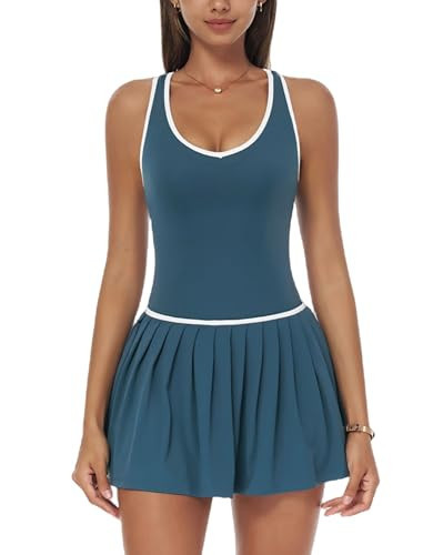 Womens Tennis Dress Sleeveless Racerback Color Block Yoga Athletic Dresses for Women Pleated Hem Golf Dresses with Built-in Bras & Shorts Sports Active Workout Dress with Pockets Navy Blue M | Amazon (US)