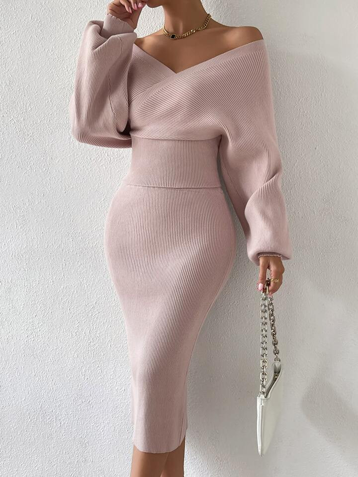 SHEIN BAE Surplice Neck Batwing Sleeve Sweater & Knit Skirt | SHEIN