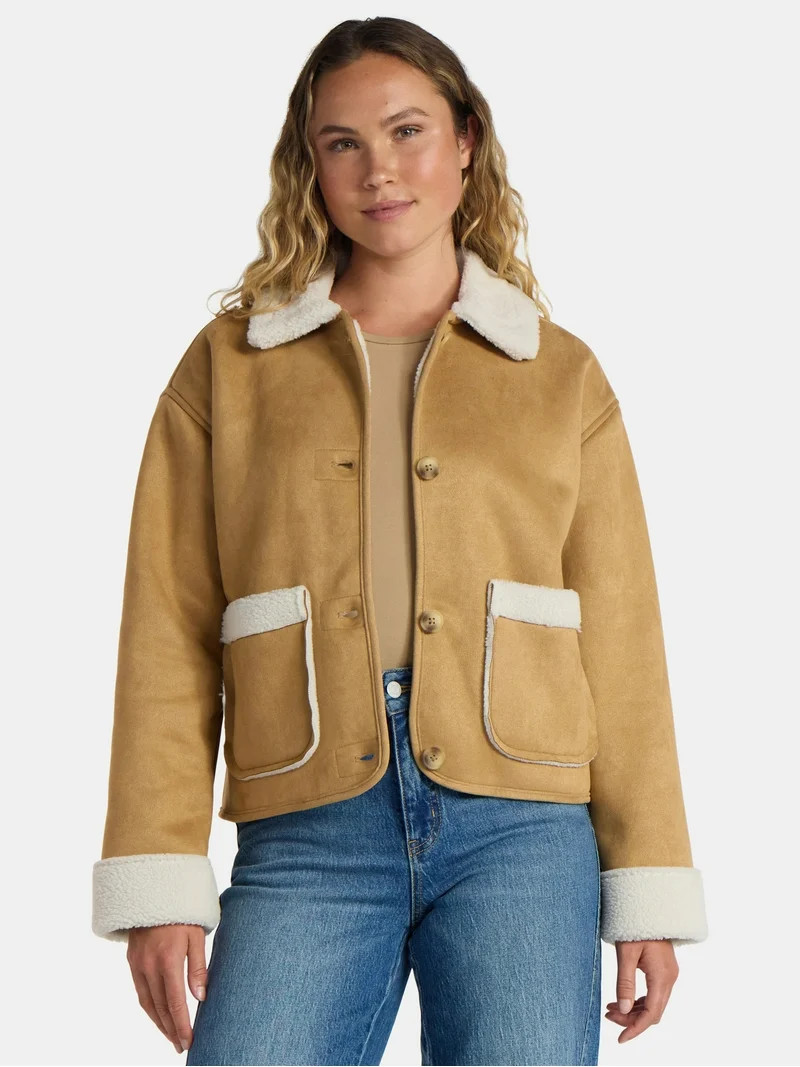 Time and Tru Women's and Women's Plus Bonded Faux Shearling Jacket, Sizes XS-2X | Walmart (US)