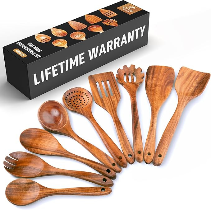 Zulay Kitchen 9-Piece Teak Wooden Utensils for Cooking - Smooth Finish Natural Teak Utensil Set -... | Amazon (US)