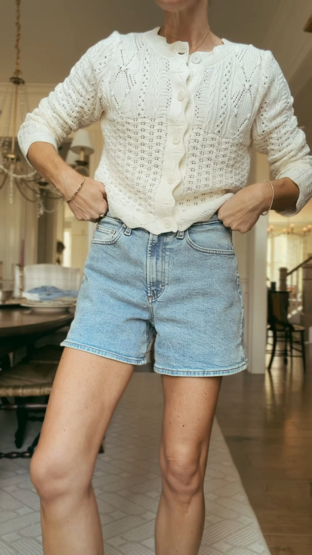 I prefer a more relaxed fit in the shorts so I size up one to the 4 
Wearing an extra small in the cardigan 