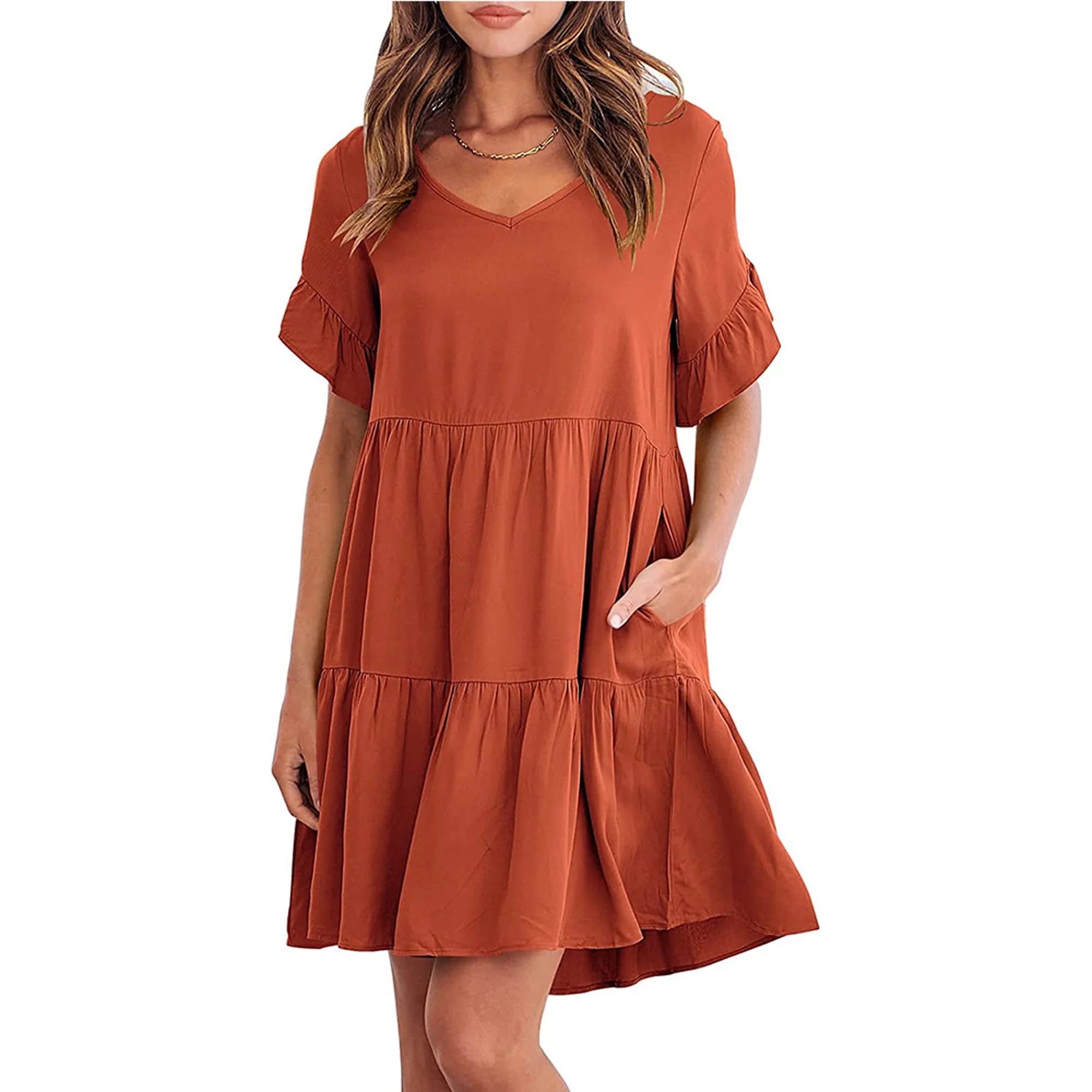 Anbech Women's Tiered Mini Dress V-Neck Loose Ruffle Cute T-Shirt Dress Pleated Flowy 2024 Dresse... | Walmart (US)