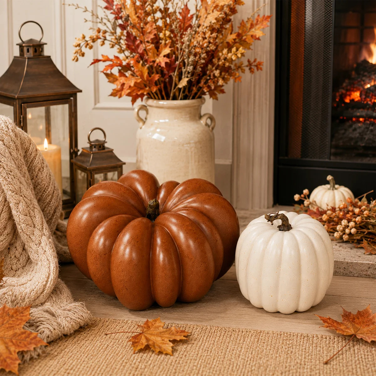 2\u2011Pack Faux Brown & Cream Halloween Pumpkins, Foam Autumn Porch Ornaments, Neutral\u2011Tone... | Wayfair North America