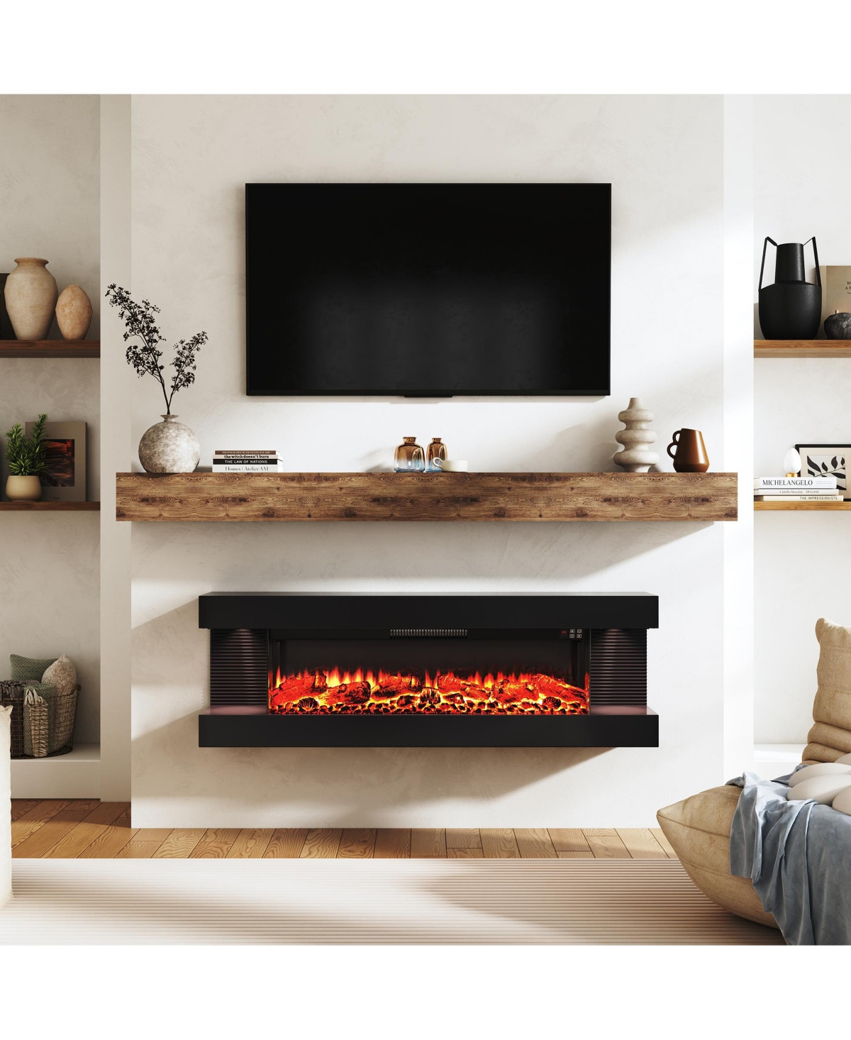 Clihome 50 Inches Wall-Mounted Electric Fireplace With Led Lighted Mantel And Remote, Modern Indoor Heating Accent Fireplaces - Black | Macy's