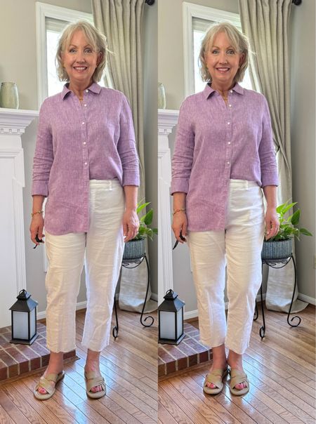 This violet linen shirt gives the perfect pop of color! I love pairing a linen button down with white linen pants.✨ 

#LTKmidsize #LTKSeasonal #LTKstyletip