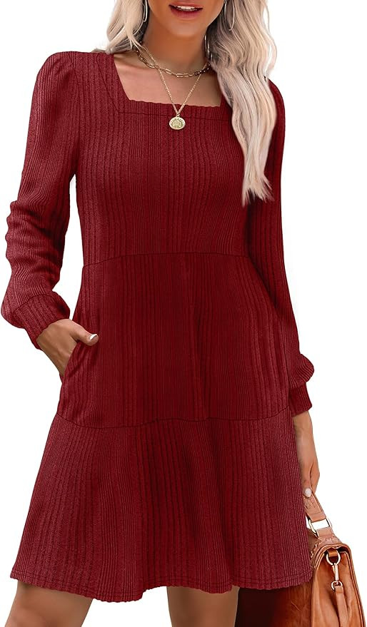SAMPEEL Womens Square Neck Long Sleeve Fall Dresses Casual Babydoll Sweater Dress | Amazon (US)