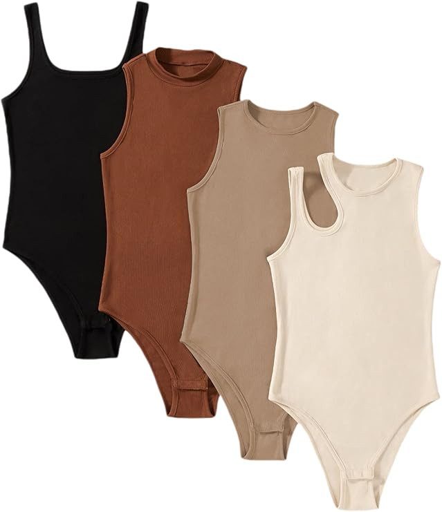 MakeMeChic Women's 4pcs Casual Solid Sleevelss Ribbed Knit Bodysuit Pack at Amazon Women’s Clot... | Amazon (US)