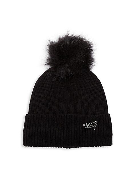 Karl Lagerfeld Paris Ribbed Faux Fur Pom-Pom Beanie on SALE | Saks OFF 5TH | Saks Fifth Avenue OFF 5TH