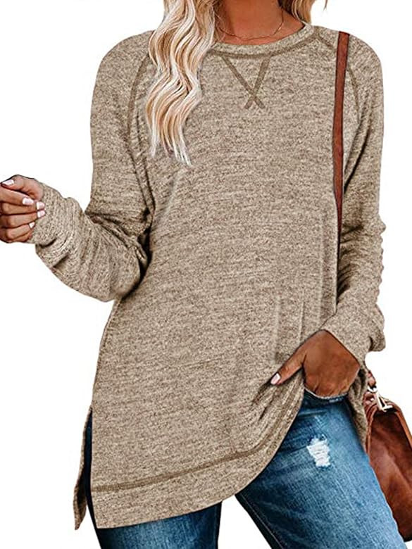TEMOFON Womens Long Sleeve Shirts Side Split Loose Casual Tunic Tops Pullover S-2XL | Amazon (US)