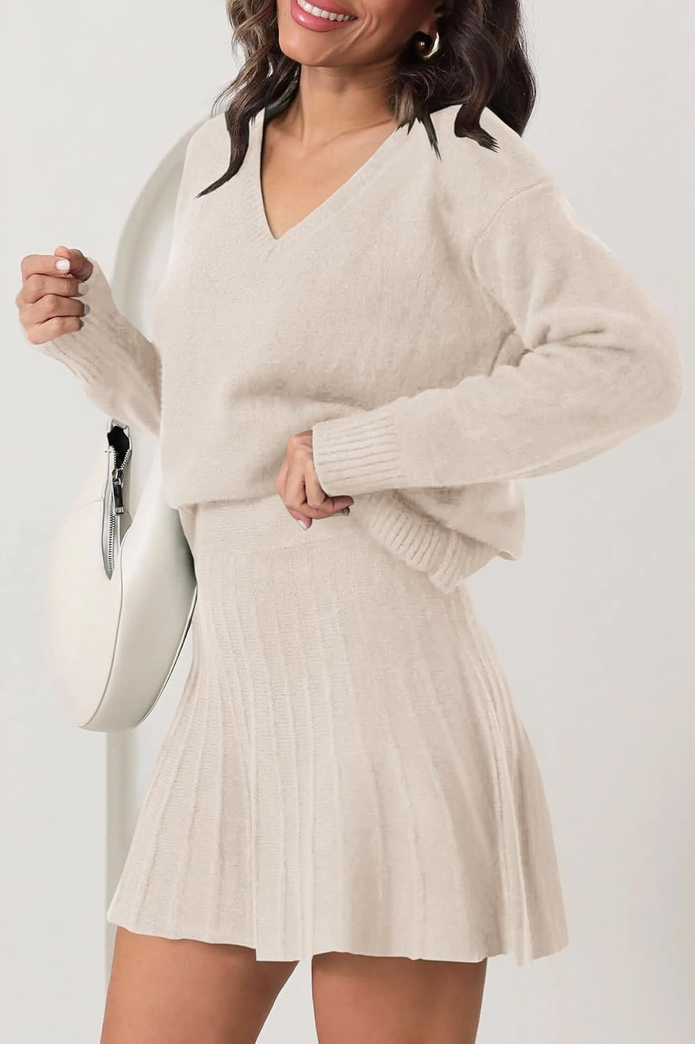 Womens 2 Piece Skirt Set Long Sleeve Fall Sweater Pleated Mini Skirt | Amazon (US)
